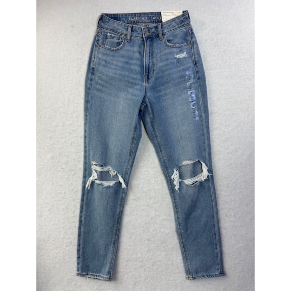 NEW American Eagle Mom Jeans Womens 0 25W Regular High Rise‎ Stretch Ripped